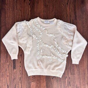 VINTAGE 80s Lambswool Angora Sweater Pullover Women's Size Large Ruffles Fur Tas